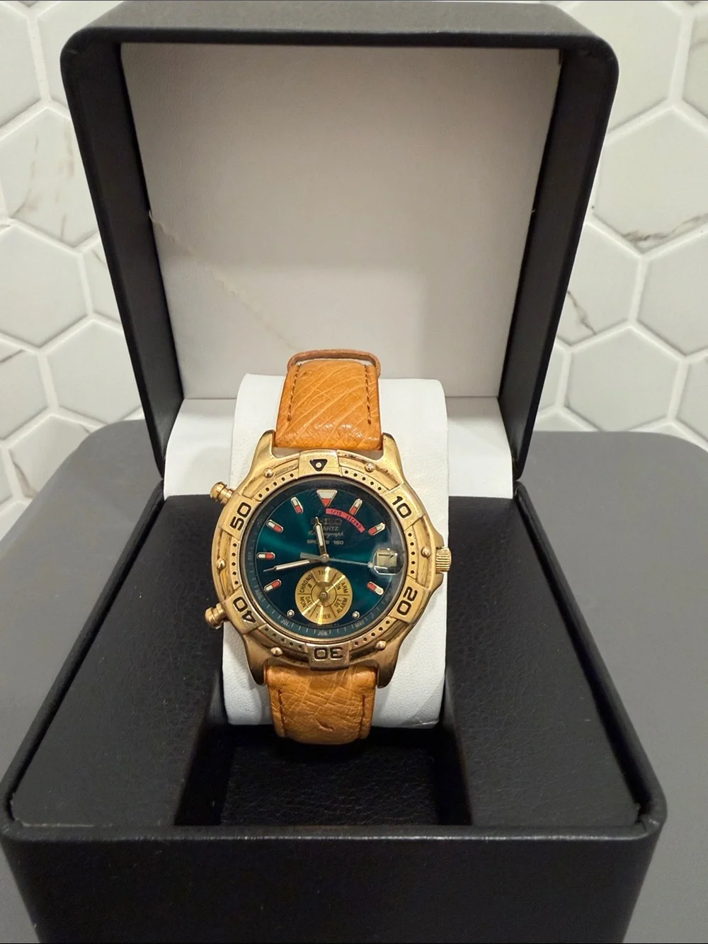90s Seiko Gold-Tone Diver Style Watch with Teal Dial and Tan Leather Strap